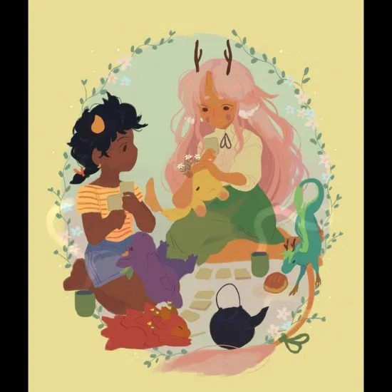 Colourful illustrated cards showing small dragons with plants growing from their horns alongside tea-making accessories