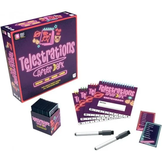 Telestrations: After Dark 2025 Refresh box with a sleek neon design and adult-themed party game components