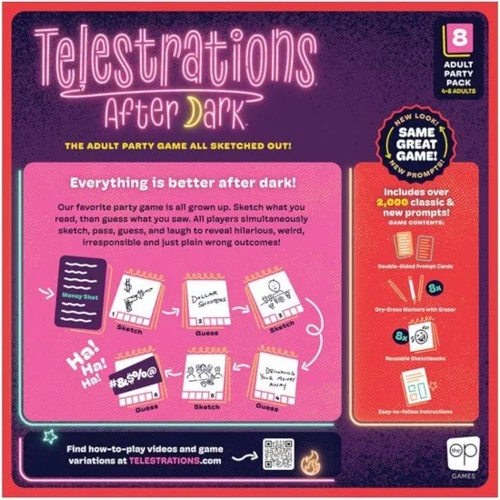 Telestrations: After Dark 2025 Refresh box with a sleek neon design and adult-themed party game components