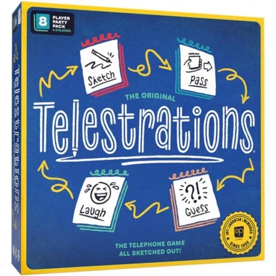 Telestrations (2025 Refresh) game box showing people laughing and chaotic drawings