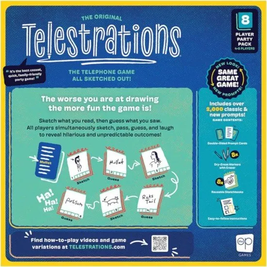 Telestrations (2025 Refresh) game box showing people laughing and chaotic drawings