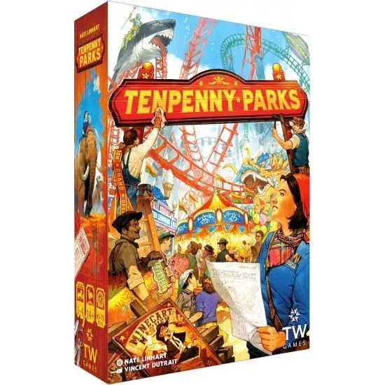 Tenpenny Parks board game box art showing a colorful vintage amusement park with various rides and the 3D carousel component