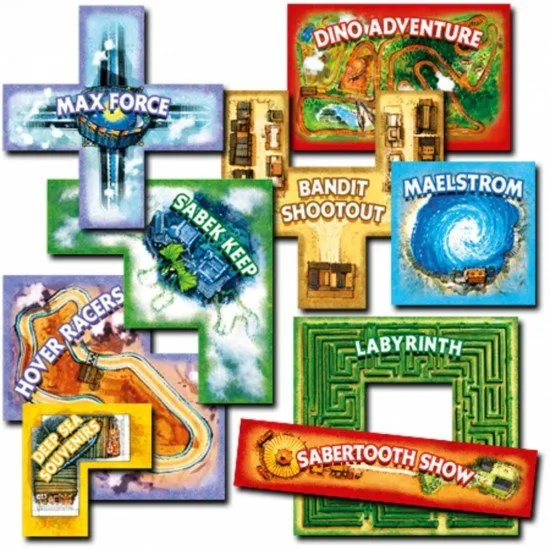 Tenpenny Parks board game box art showing a colorful vintage amusement park with various rides and the 3D carousel component