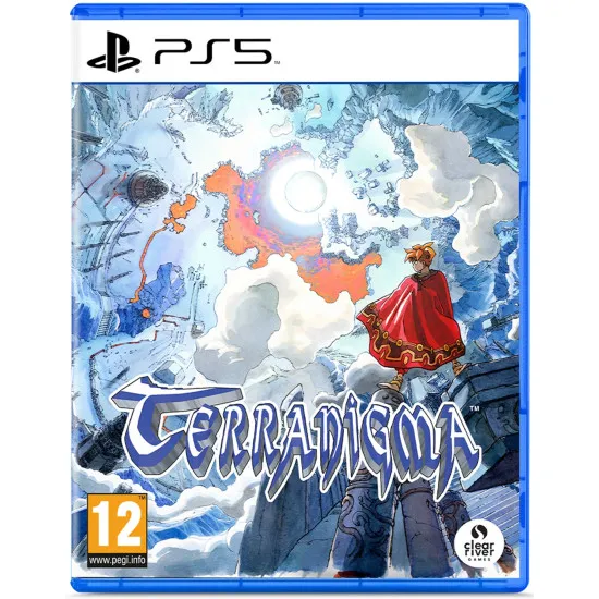 PlayStation 5 game case for Terranigma featuring Ark wielding a spear against a backdrop of Earth's Lightside and Darkside