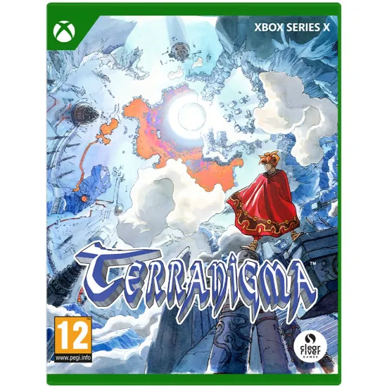 Xbox Series X game case for Terranigma featuring Ark wielding a spear against a backdrop of Earth's Lightside and Darkside