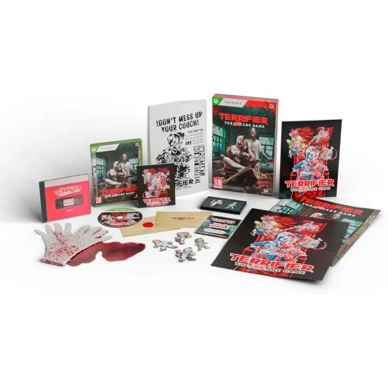 Terrifier The ARTcade Game Collectors Edition Xbox Series X The box art for Terrifier: The ARTcade Game - Collector's Edition on Xbox Series X, showing a pixelated Art the Clown and a list of the bonus items.