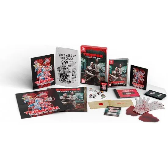 Terrifier The ARTcade Game Collectors Edition Switch The box art for Terrifier: The ARTcade Game - Collector's Edition on Nintendo Switch, showing a pixelated Art the Clown and a list of the bonus items.