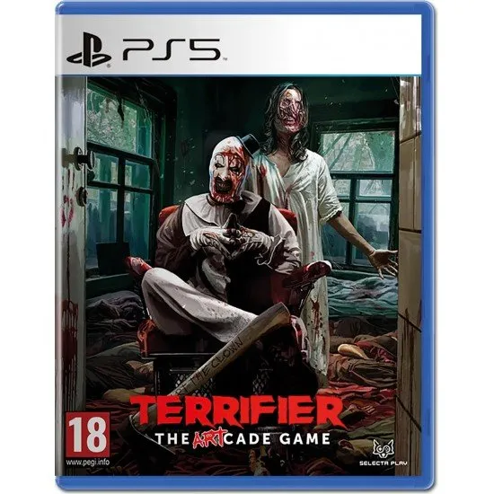 Terrifier The ARTcade Game PS5 The box art for Terrifier: The ARTcade Game on PS5, showing a pixelated Art the Clown holding a bloody knife.