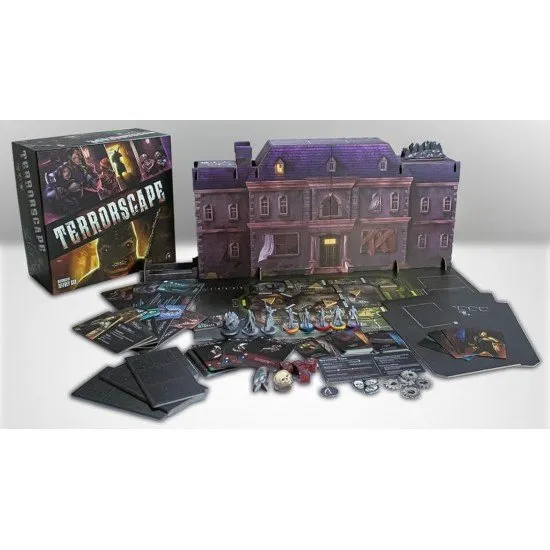 Terrorscape board game box showing a dark mansion and a menacing killer silhouette