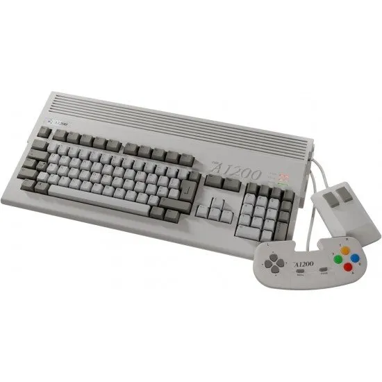 The full-size THEA1200 computer console with its integrated keyboard alongside the classic two-button mouse and modern gamepad
