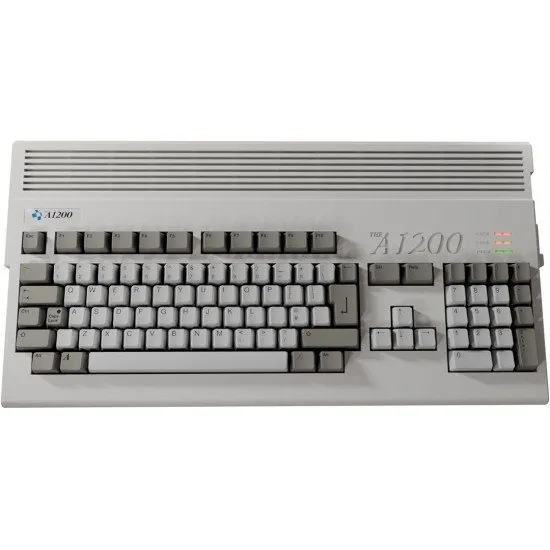 The full-size THEA1200 computer console with its integrated keyboard alongside the classic two-button mouse and modern gamepad