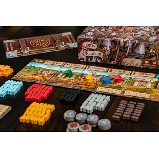 The box art for The Anarchy board game, depicting a medieval castle under siege with knights and war machines in the foreground.