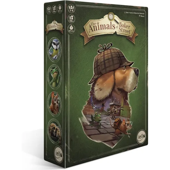 A board game box displaying four anthropomorphic animal detectives investigating clues on a cobbled London street