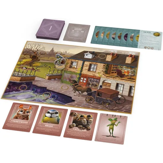 A board game box displaying four anthropomorphic animal detectives investigating clues on a cobbled London street
