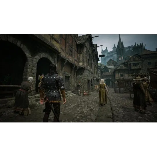 A cinematic view of a medieval settlement under a blood-red moon with a vampire silhouette looming over the ruins
