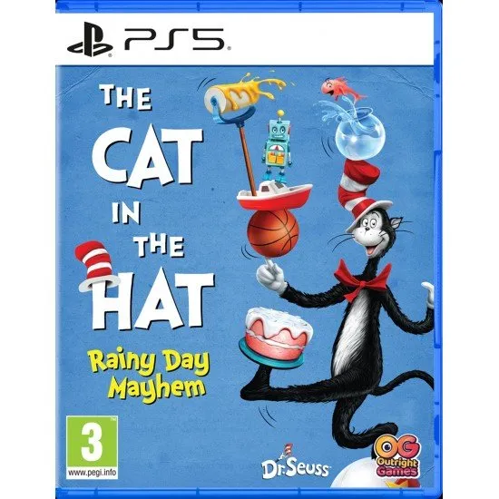 A PlayStation 5 game case highlighting the tall red-and-white striped hat of the Cat as he juggles teacups, books, and fishbowls in a beautifully animated nursery room