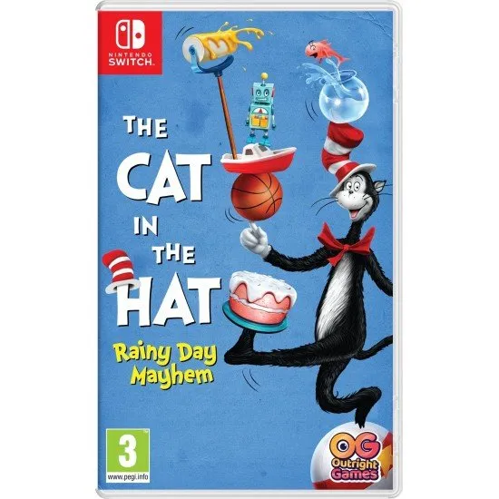 A Nintendo Switch game case showcasing a bright blue background with the top-hat wearing Cat balance-testing household items while the children watch in astonishment