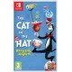 A Nintendo Switch game case showcasing a bright blue background with the top-hat wearing Cat balance-testing household items while the children watch in astonishment