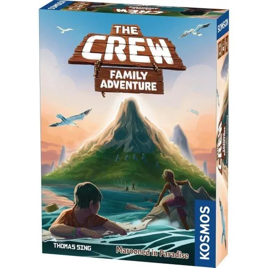 A colourful board game box featuring family castaways on a mysterious tropical beach with ancient ruins hidden in the jungle behind them