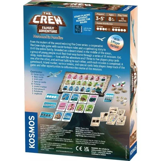 A colourful board game box featuring family castaways on a mysterious tropical beach with ancient ruins hidden in the jungle behind them