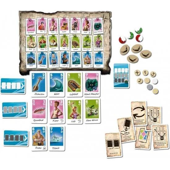 A colourful board game box featuring family castaways on a mysterious tropical beach with ancient ruins hidden in the jungle behind them