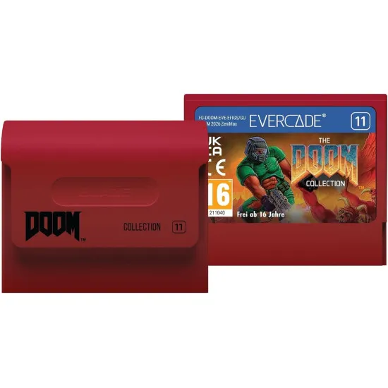 Evercade game box for The Doom Collection featuring the iconic Doom Slayer fighting demons in Hell