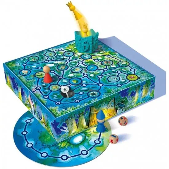 A colorful children's board game set up with a tall plastic tower model, a wizard figure, a knight figurine, and round forest tokens on a grass-patterned map