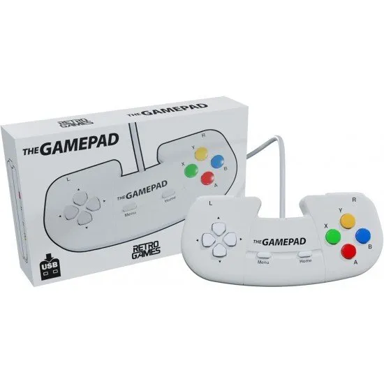 A sleek white ergonomic gamepad with eight buttons and a four-way directional pad on a white background