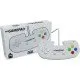 A sleek white ergonomic gamepad with eight buttons and a four-way directional pad on a white background