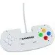 A sleek white ergonomic gamepad with eight buttons and a four-way directional pad on a white background