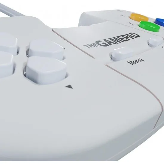 A sleek white ergonomic gamepad with eight buttons and a four-way directional pad on a white background