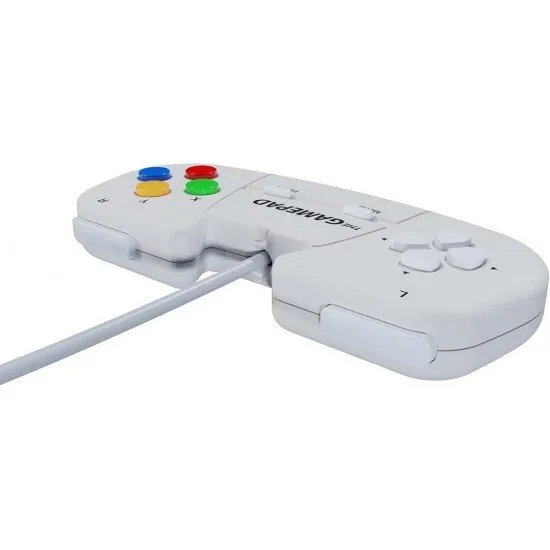 A sleek white ergonomic gamepad with eight buttons and a four-way directional pad on a white background