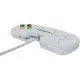 A sleek white ergonomic gamepad with eight buttons and a four-way directional pad on a white background