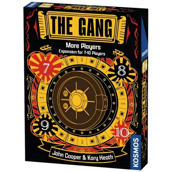 The Gang More Players expansion compact packaging showing four new chip sets for 7 to 10 player bank heist cooperative game
