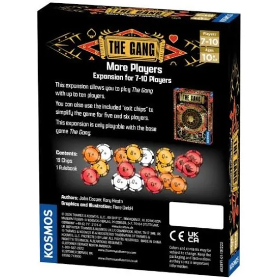 The Gang More Players expansion compact packaging showing four new chip sets for 7 to 10 player bank heist cooperative game