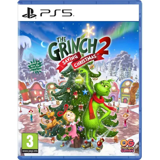 A PlayStation 5 game case showing the Grinch smiling whilst carrying a massive shiny Christmas star next to his dog Max in a snowy Who-ville village