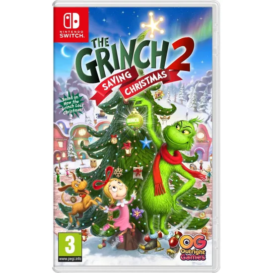 A Nintendo Switch game case depicting the green Grinch using rocket skates to zoom through a snowy forest while Max runs alongside him