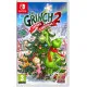 A Nintendo Switch game case depicting the green Grinch using rocket skates to zoom through a snowy forest while Max runs alongside him