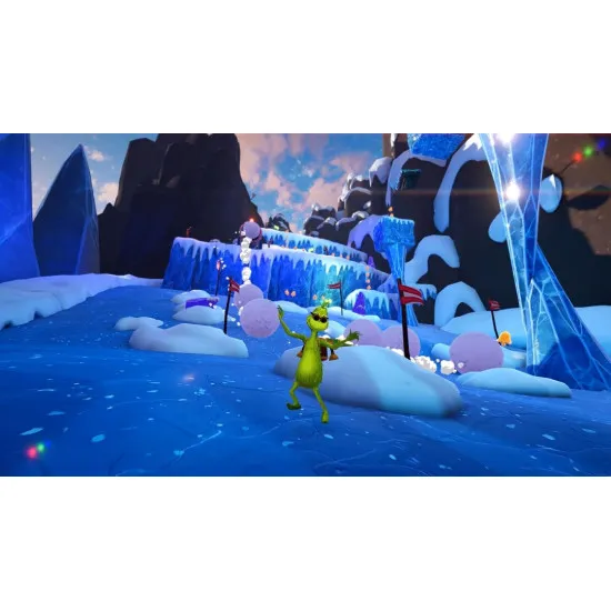 A Nintendo Switch game case depicting the green Grinch using rocket skates to zoom through a snowy forest while Max runs alongside him