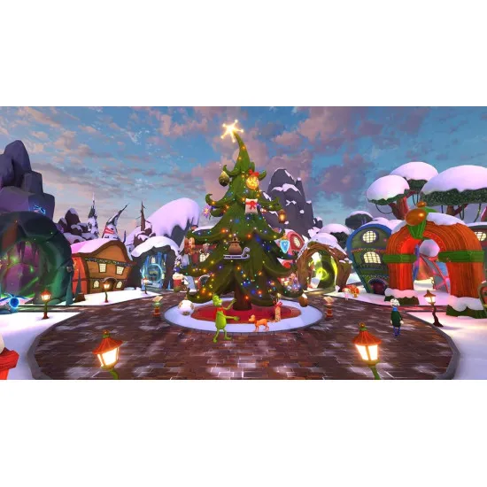 A Nintendo Switch game case depicting the green Grinch using rocket skates to zoom through a snowy forest while Max runs alongside him