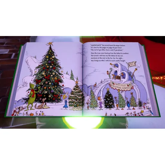 A Nintendo Switch game case depicting the green Grinch using rocket skates to zoom through a snowy forest while Max runs alongside him