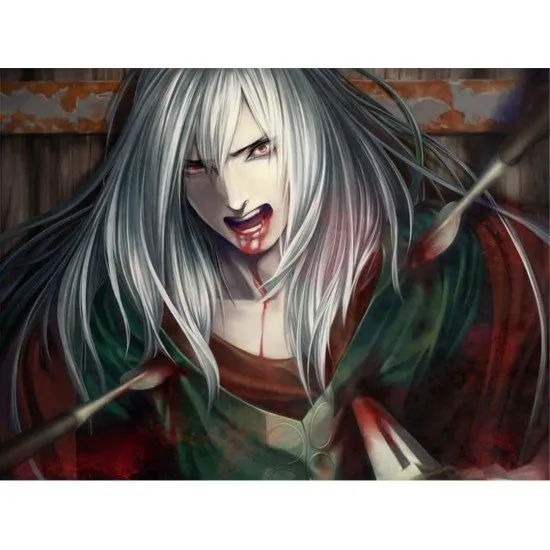 A haunting gothic mansion shrouded in mist with a mysterious white-haired woman standing in the foreground