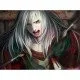 A haunting gothic mansion shrouded in mist with a mysterious white-haired woman standing in the foreground