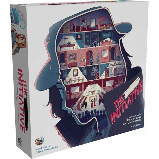 Four teenage characters from the 90s standing around a mysterious board game with cipher cards and a comic book