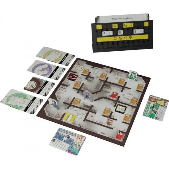 Four teenage characters from the 90s standing around a mysterious board game with cipher cards and a comic book