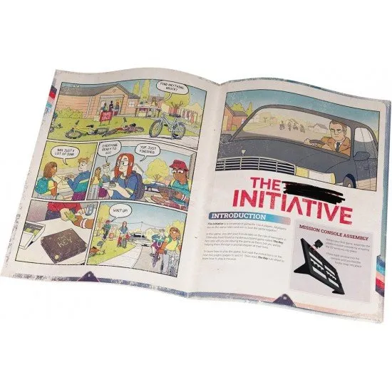 Four teenage characters from the 90s standing around a mysterious board game with cipher cards and a comic book