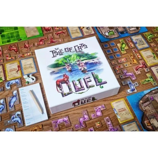 Two player boards representing rescue boats being filled with colourful cat-shaped tiles and treasures next to an island movement tracker
