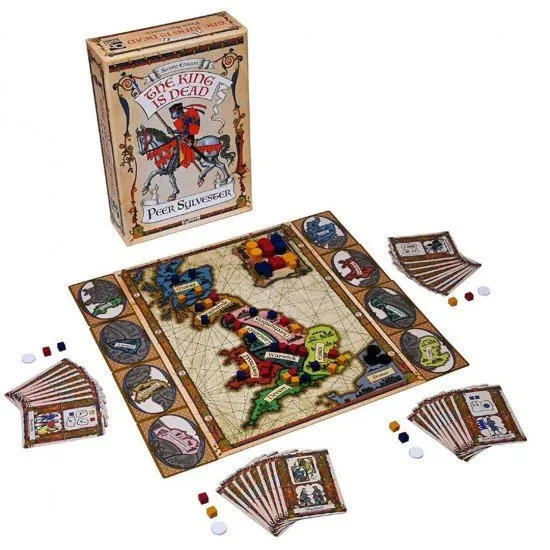 A stylish game board depicting a map of Britain divided into regions with colourful wooden cubes representing the three factions