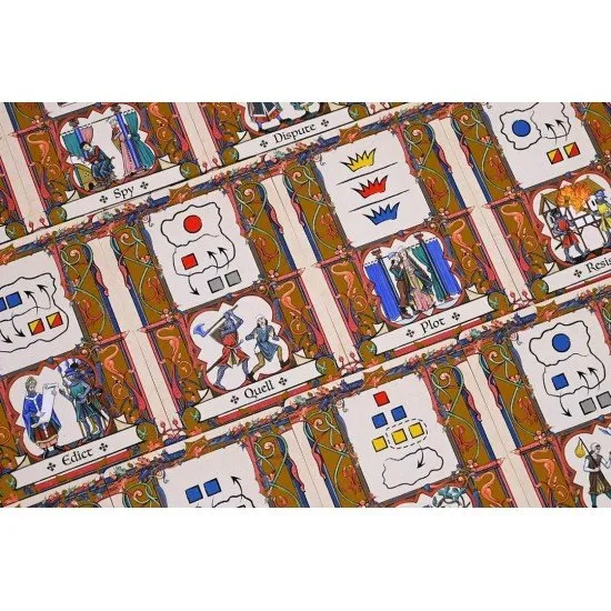 A stylish game board depicting a map of Britain divided into regions with colourful wooden cubes representing the three factions