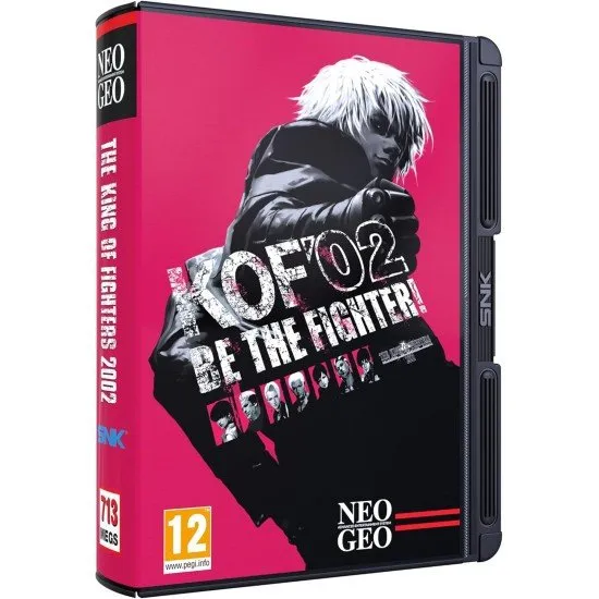 Kyo Kusanagi and Iori Yagami clashing in a vibrant 2D arena with the KOF 2002 logo above them